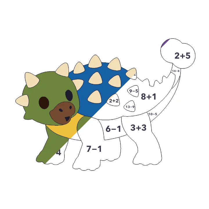 Ankylosaurus addition & subtraction color by number page, half colored to show the finished picture