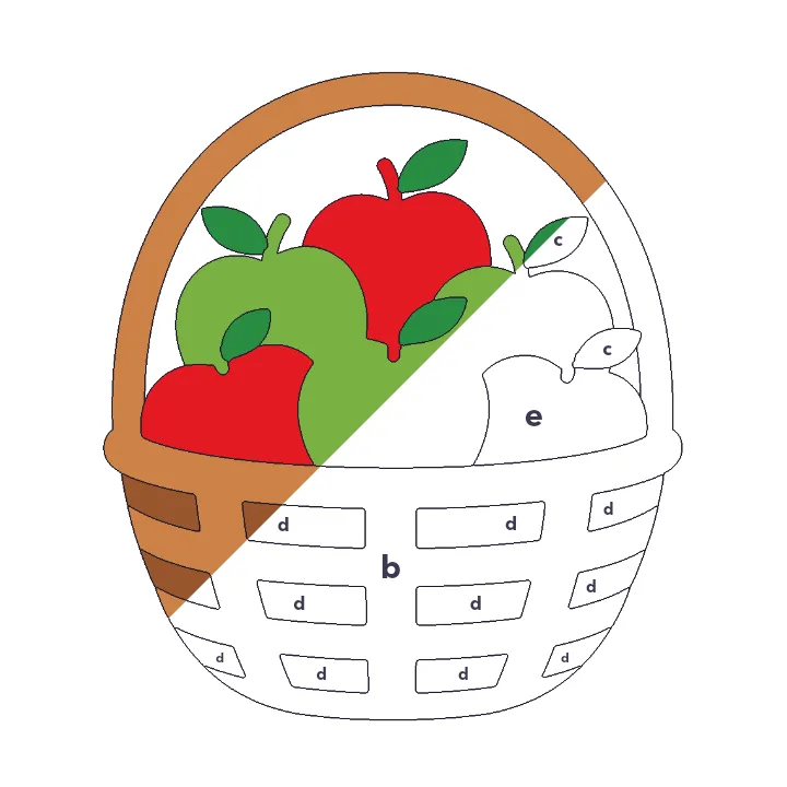 Apple Basket color by letter color by number page, half colored to show the finished picture