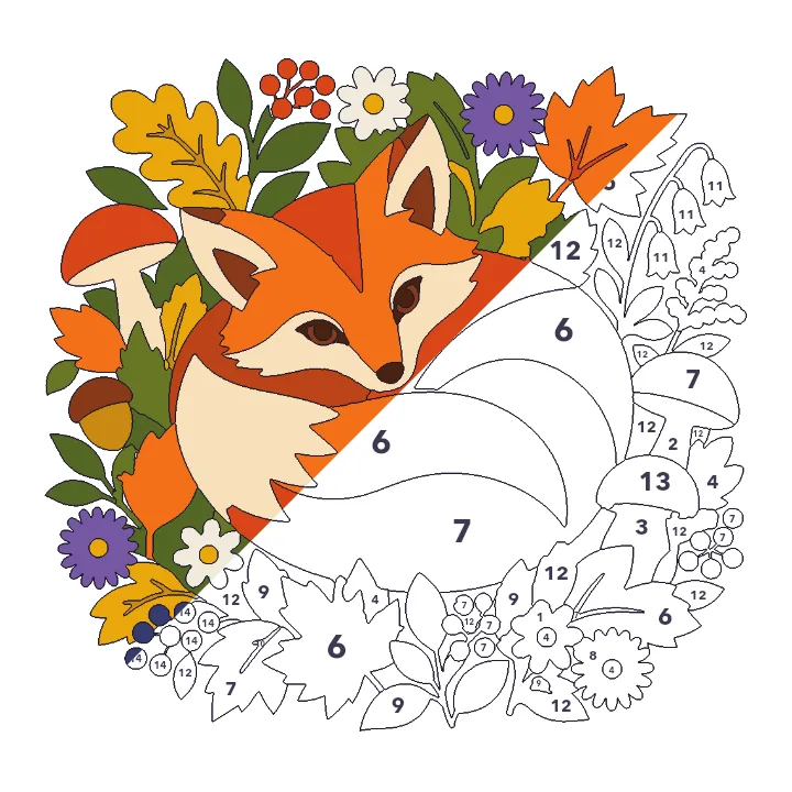 Autumn Fox color by number page, half colored to show the finished picture