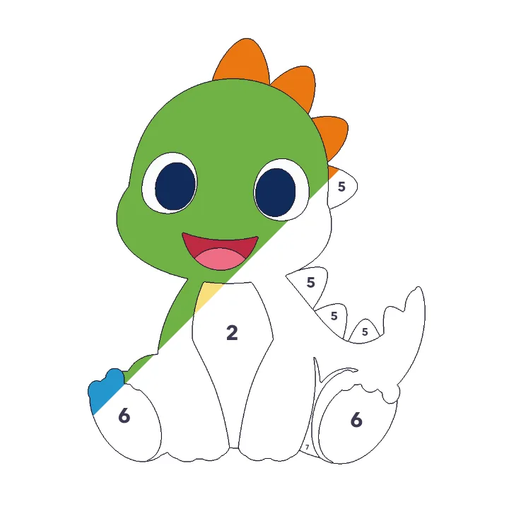 Baby Dinosaur color by number page, half colored to show the finished picture