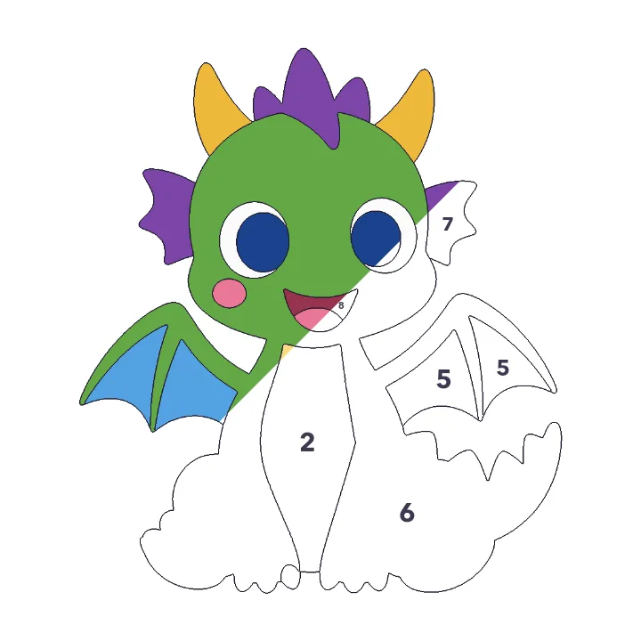 Baby Dragon color by number page, half colored to show the finished picture