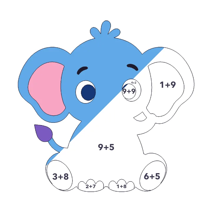Baby Elephant addition color by number page, half colored to show the finished picture