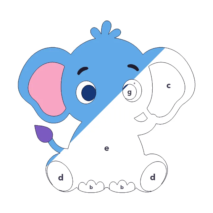 Baby Elephant color by letter color by number page, half colored to show the finished picture