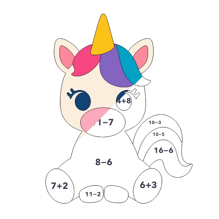 Baby Unicorn addition & subtraction color by number page, half colored to show the finished picture