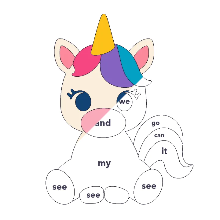 Baby Unicorn sight words color by number page, half colored to show the finished picture