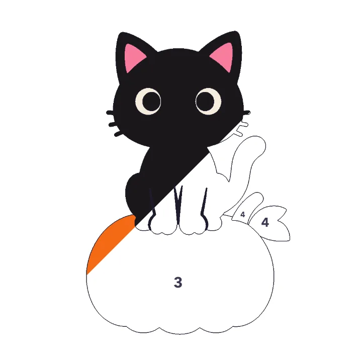 Black Cat on a Pumpkin color by number page, half colored to show the finished picture