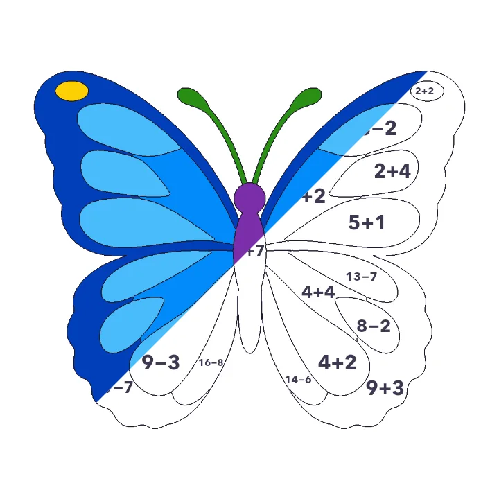 Blue Morpho addition & subtraction color by number page, half colored to show the finished picture