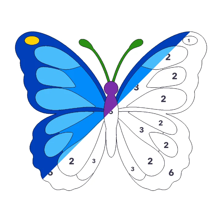 Blue Morpho color by number page, half colored to show the finished picture
