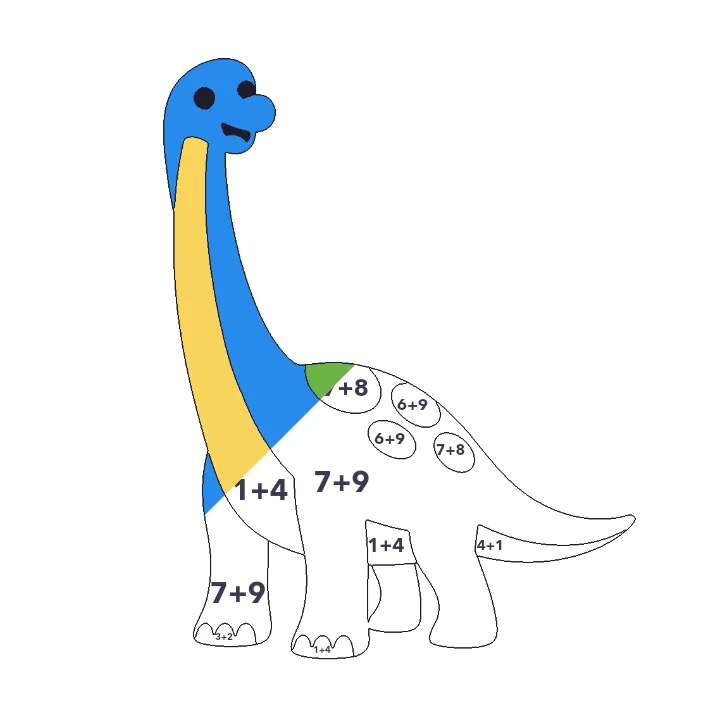 Brachiosaurus addition color by number page, half colored to show the finished picture