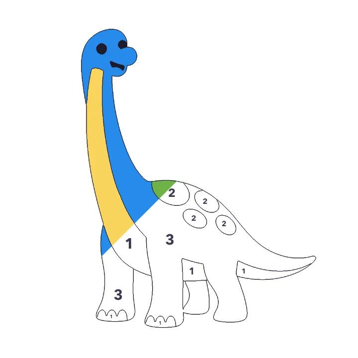 Brachiosaurus color by number page, half colored to show the finished picture