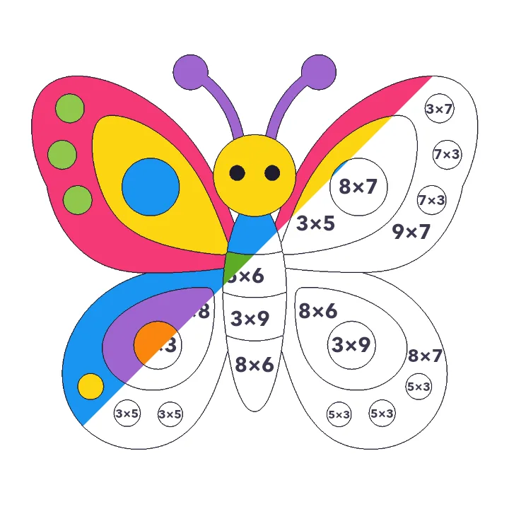 Bright Butterfly multiplication color by number page, half colored to show the finished picture