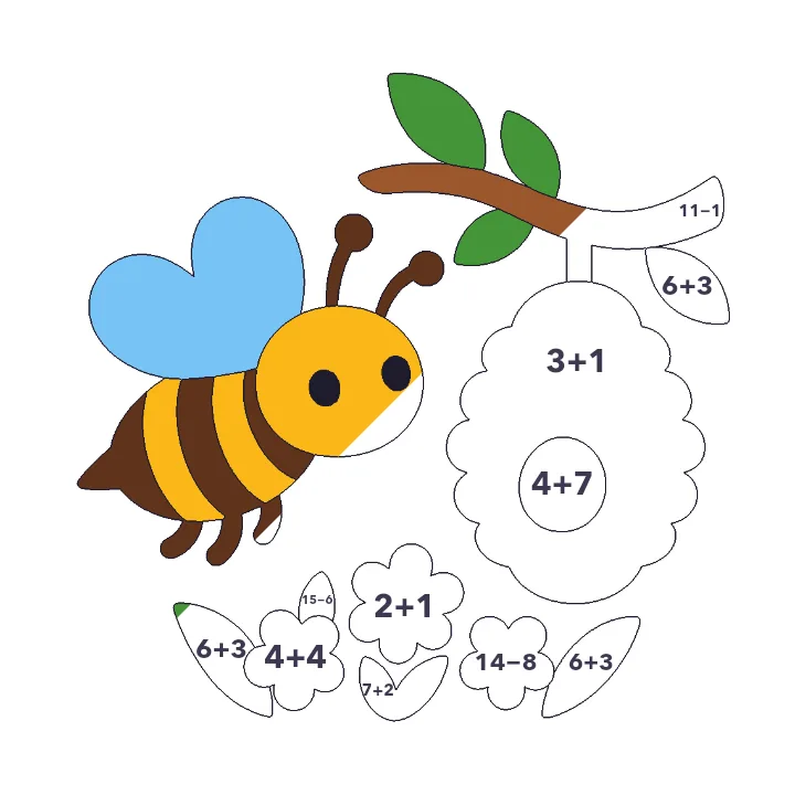 Busy Bee addition & subtraction color by number page, half colored to show the finished picture