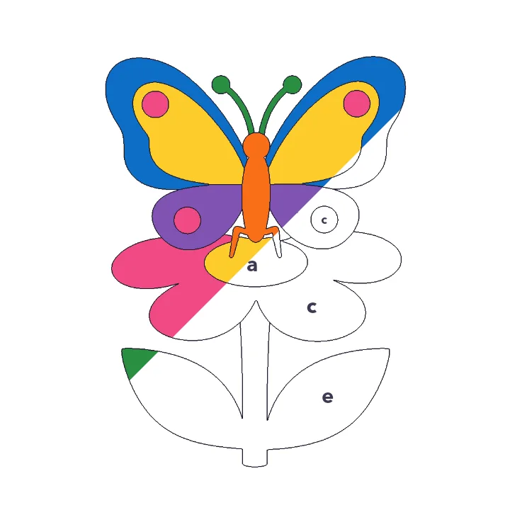 Butterfly on a Flower color by letter color by number page, half colored to show the finished picture