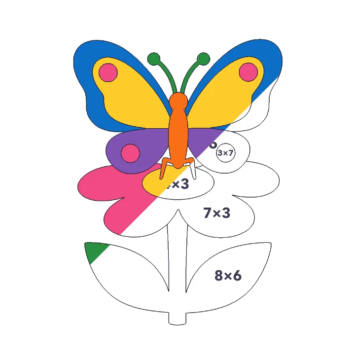 Butterfly on a Flower multiplication color by number page, half colored to show the finished picture