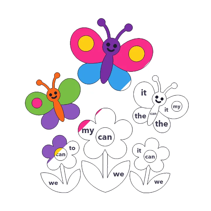 Butterfly Garden sight words color by number page, half colored to show the finished picture