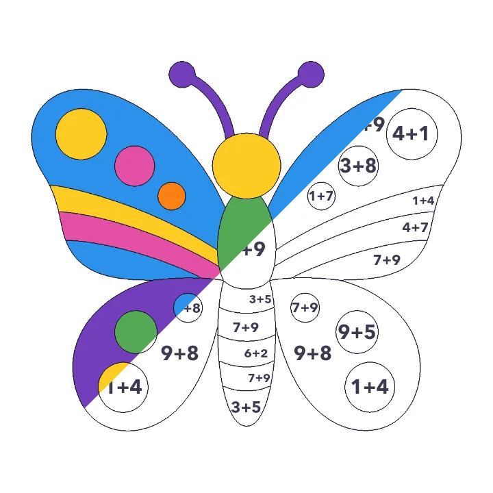 Patterned Butterfly addition color by number page, half colored to show the finished picture