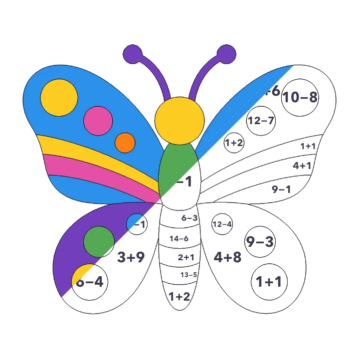 Patterned Butterfly addition & subtraction color by number page, half colored to show the finished picture