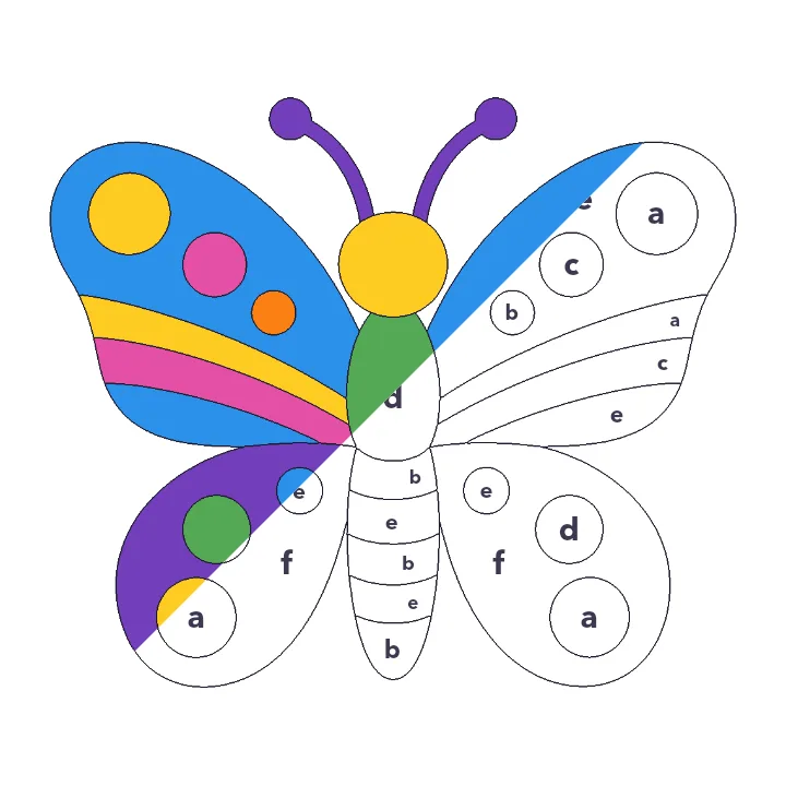 Patterned Butterfly color by letter color by number page, half colored to show the finished picture