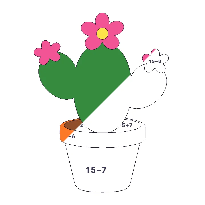 Cactus in Bloom addition & subtraction color by number page, half colored to show the finished picture