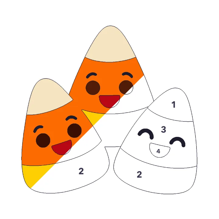 Candy Corn color by number page, half colored to show the finished picture