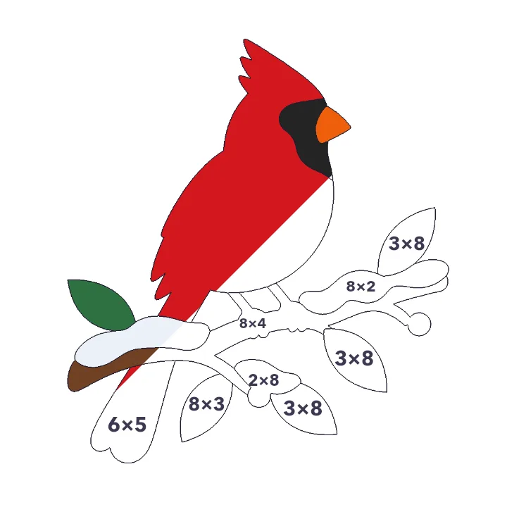 Cardinal in the Snow multiplication color by number page, half colored to show the finished picture