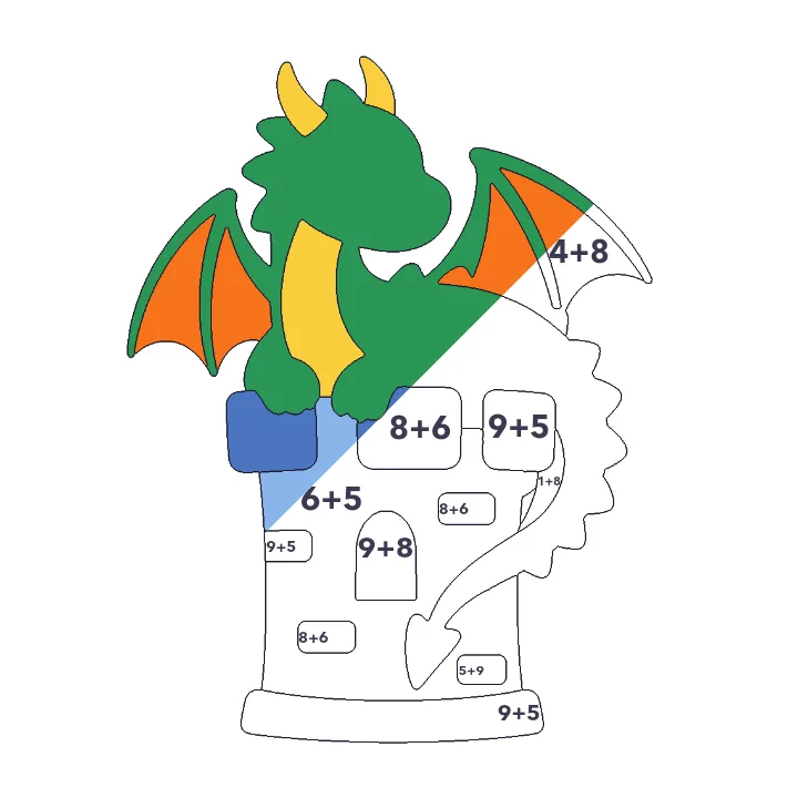 Dragon on a Castle addition color by number page, half colored to show the finished picture