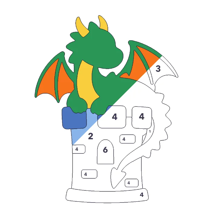 Dragon on a Castle color by number page, half colored to show the finished picture