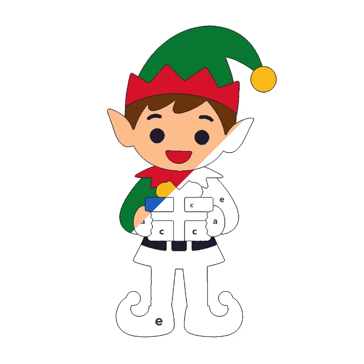 Christmas Elf color by letter color by number page, half colored to show the finished picture
