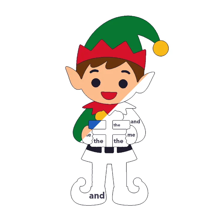 Christmas Elf sight words color by number page, half colored to show the finished picture