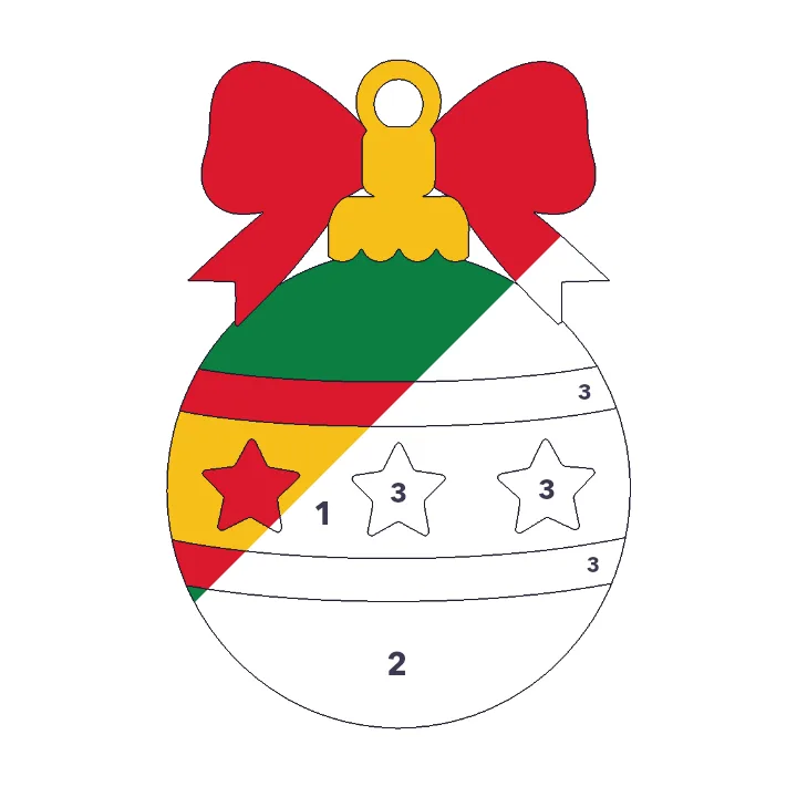 Christmas Ornament color by number page, half colored to show the finished picture