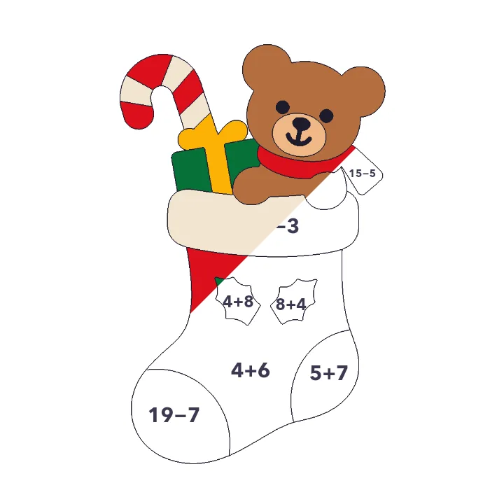 Christmas Stocking addition & subtraction color by number page, half colored to show the finished picture