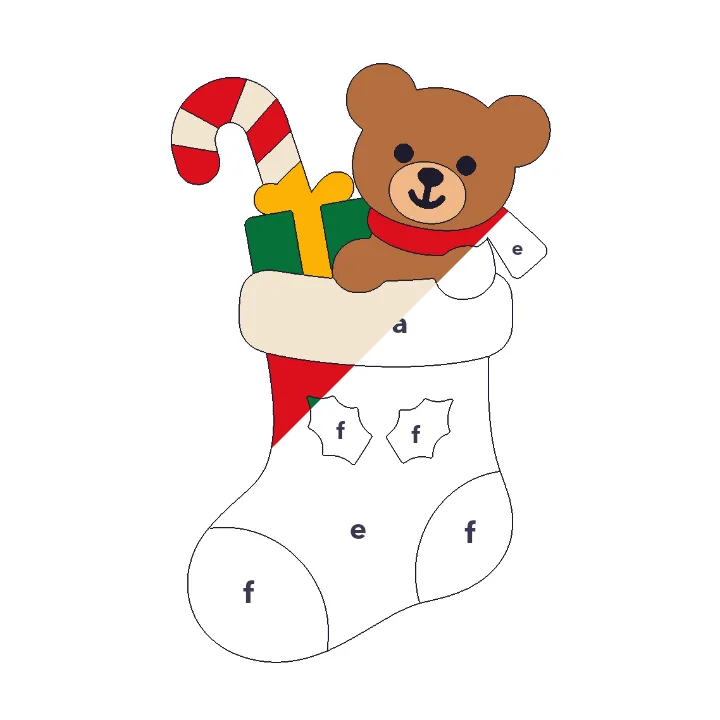 Christmas Stocking color by letter color by number page, half colored to show the finished picture