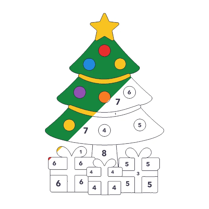 Christmas Tree color by number page, half colored to show the finished picture