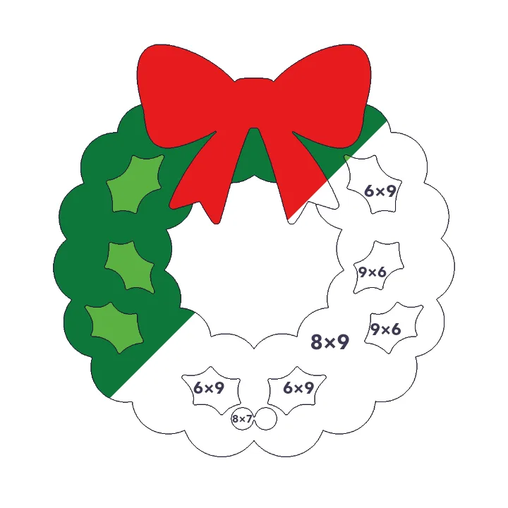 Christmas Wreath multiplication color by number page, half colored to show the finished picture