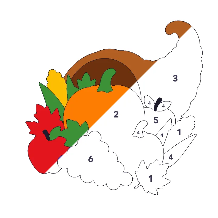 Cornucopia color by number page, half colored to show the finished picture