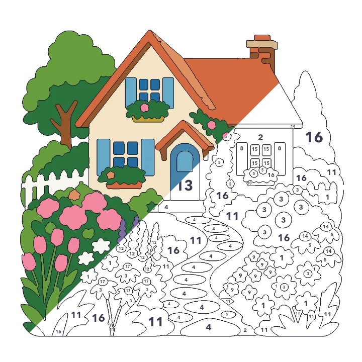 Cottage Garden color by number page, half colored to show the finished picture