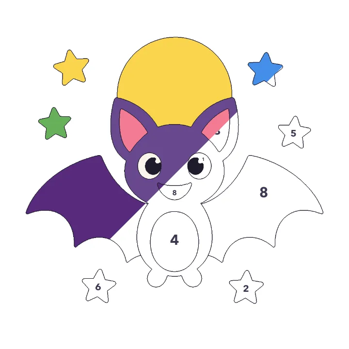 Cute Bat color by number page, half colored to show the finished picture