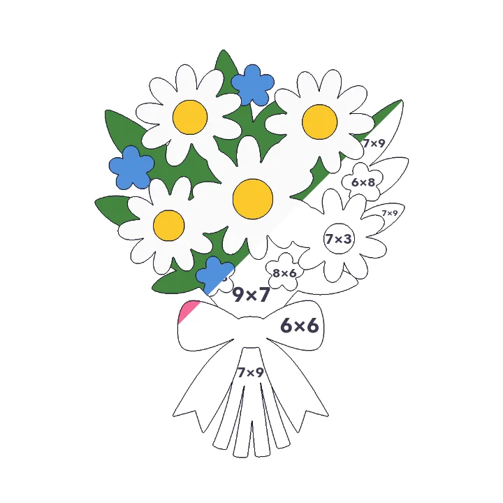 Daisy Bouquet multiplication color by number page, half colored to show the finished picture