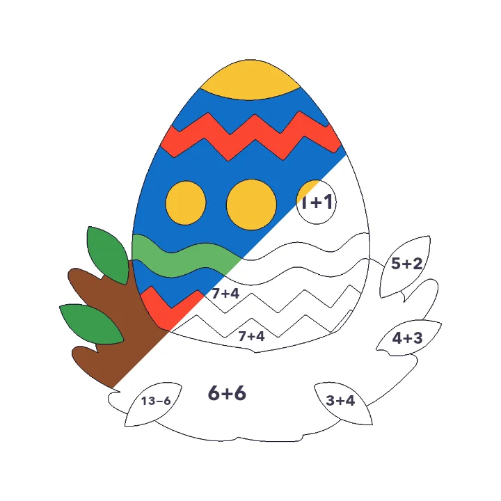 Dragon Egg addition & subtraction color by number page, half colored to show the finished picture