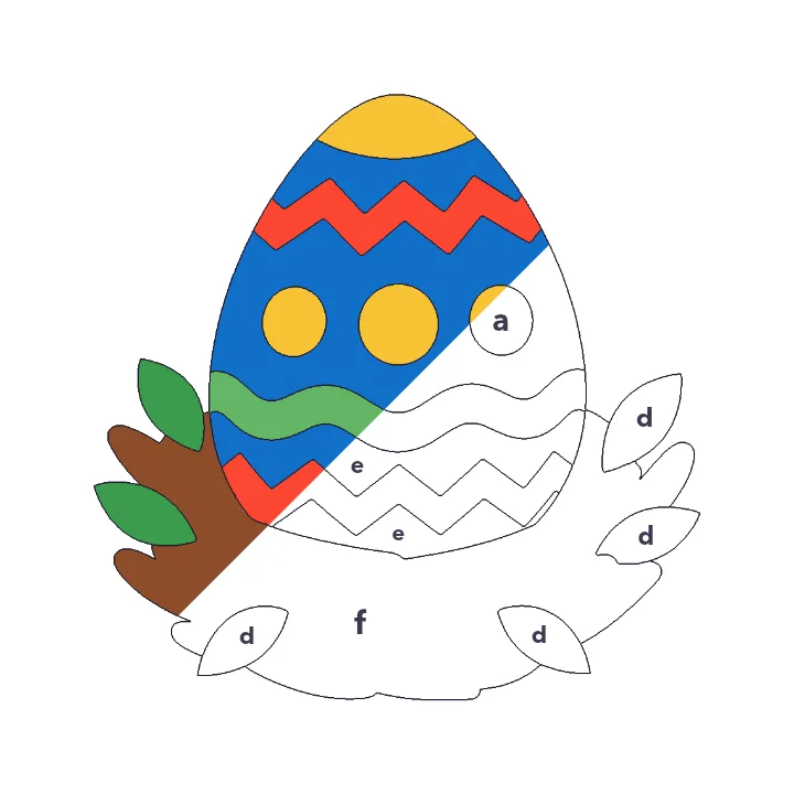 Dragon Egg color by letter color by number page, half colored to show the finished picture