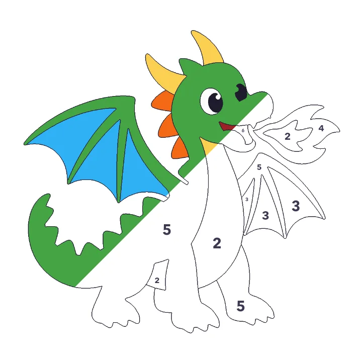 Fire-Breathing Dragon color by number page, half colored to show the finished picture