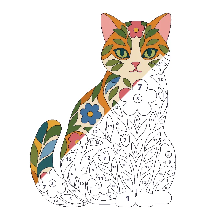 Floral Cat color by number page, half colored to show the finished picture