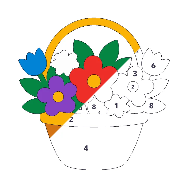 Flower Basket color by number page, half colored to show the finished picture