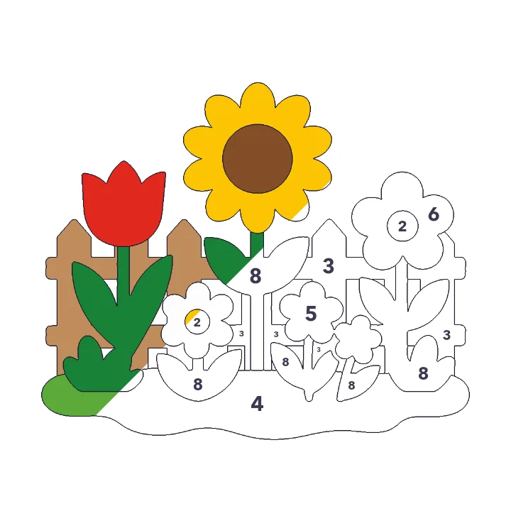 Flower Garden color by number page, half colored to show the finished picture