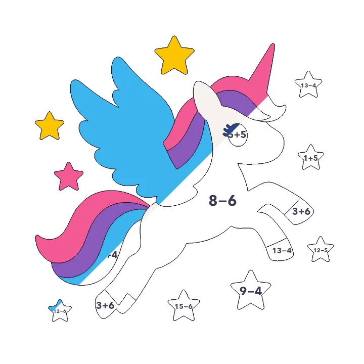 Flying Unicorn addition & subtraction color by number page, half colored to show the finished picture