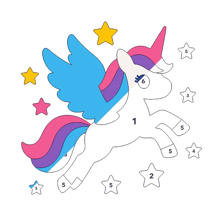 Flying Unicorn color by number page, half colored to show the finished picture