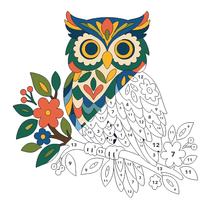 Folk Art Owl color by number page, half colored to show the finished picture
