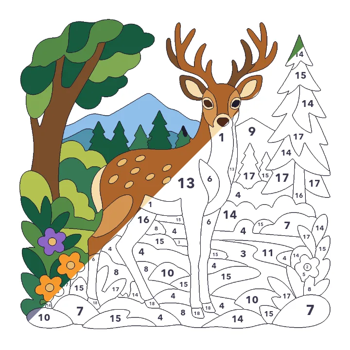 Deer in the Forest color by number page, half colored to show the finished picture