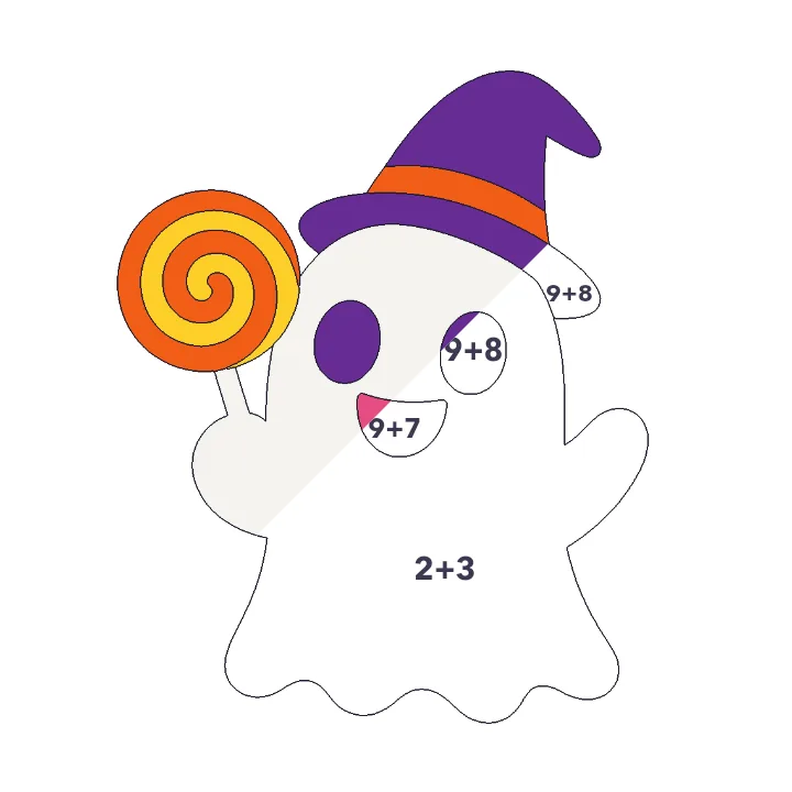Friendly Ghost addition color by number page, half colored to show the finished picture