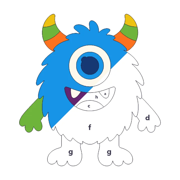Friendly Monster color by letter color by number page, half colored to show the finished picture
